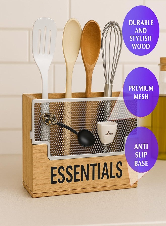 Zentora Extra Large Kitchen Utensil Organizer with 4 Compartments, Wooden Utensil Holder for Countertop, Rustic Kitchen Utensil Holder for Silverware & Cooking - Image 2